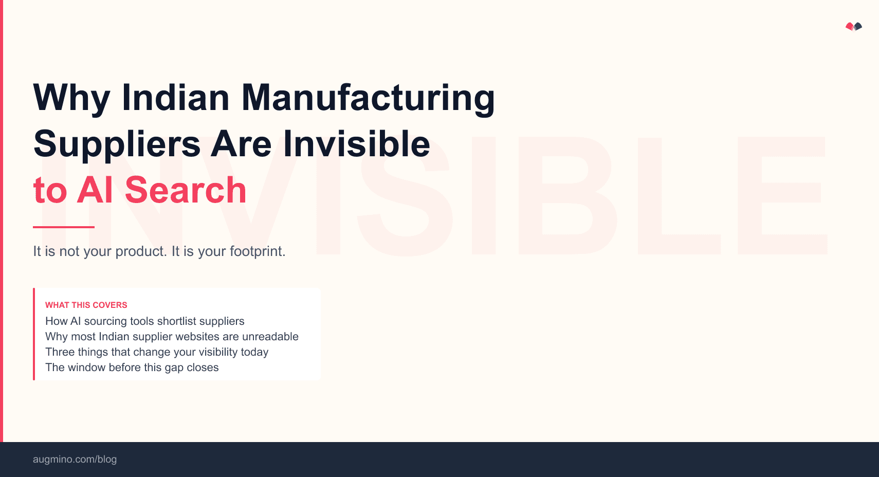 Graphic with text "Why Your Shop Is Invisible to AI Search" on warm off-white background with rose accent strip