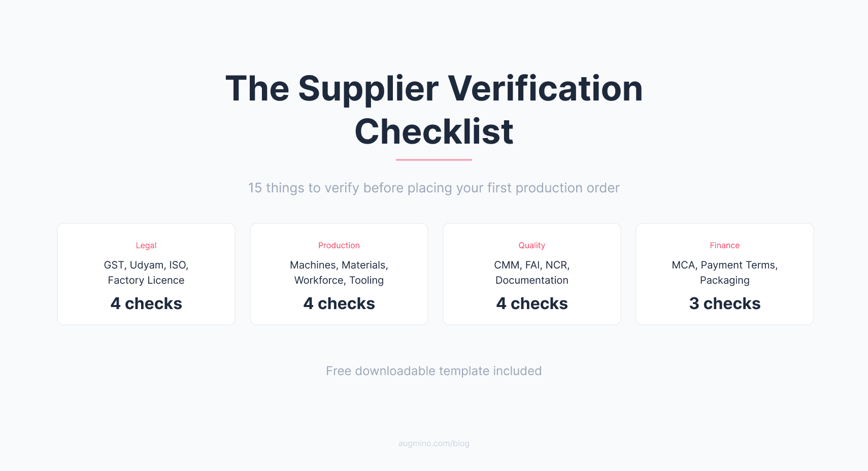 Checklist document with 15 verification points for evaluating a manufacturing supplier, organized into sections for certifications, capacity, quality, and financial health